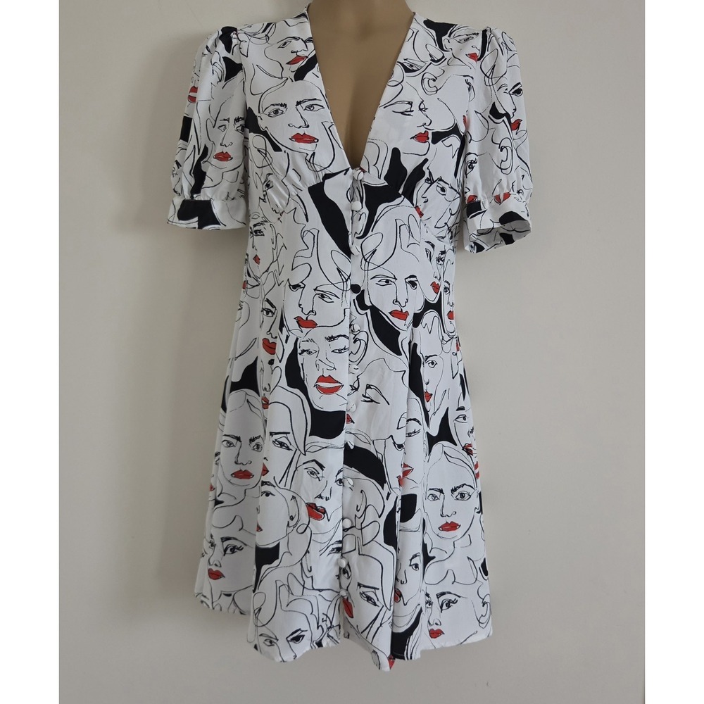 White Button Front Mini Dress Black Red abstract face print Size XS